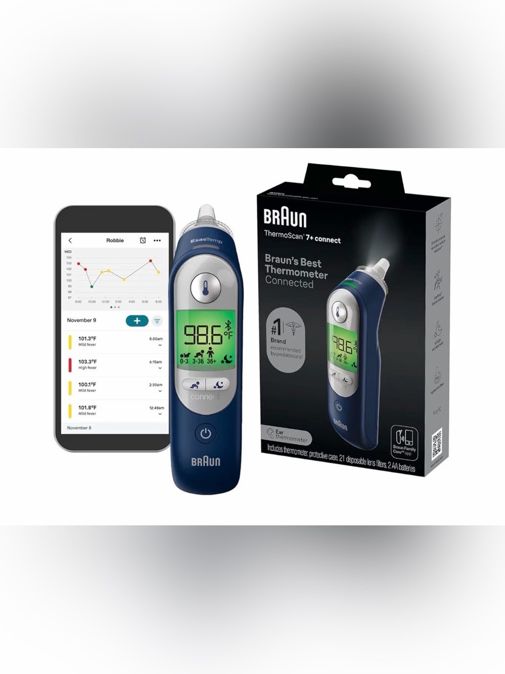 Braun ThermoScan 7+ Connect Digital Ear Thermometer, Blue - NEW